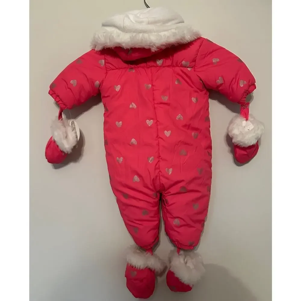 NWT Absorba Pink Heart Faux Fur Lined 3 Piece Set Hooded Snowsuit Sz 3-6M